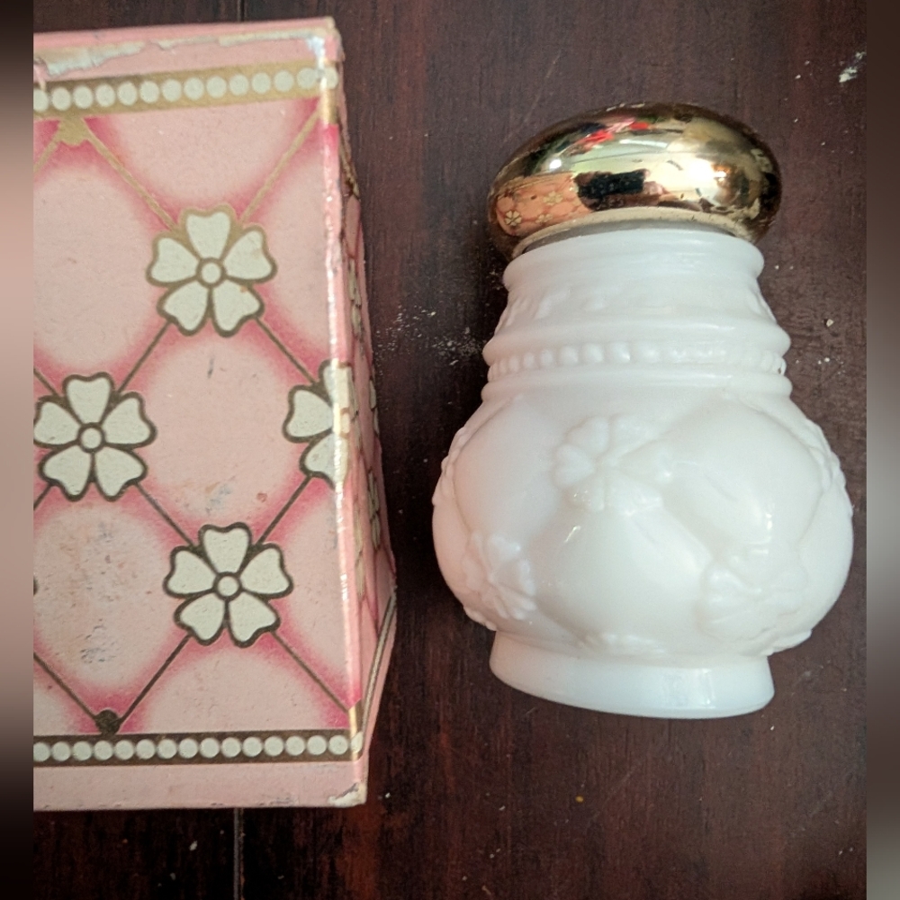 2 Vtg Avon White Milk Glass Embossed Shaker Field Flowers Powder Sachet